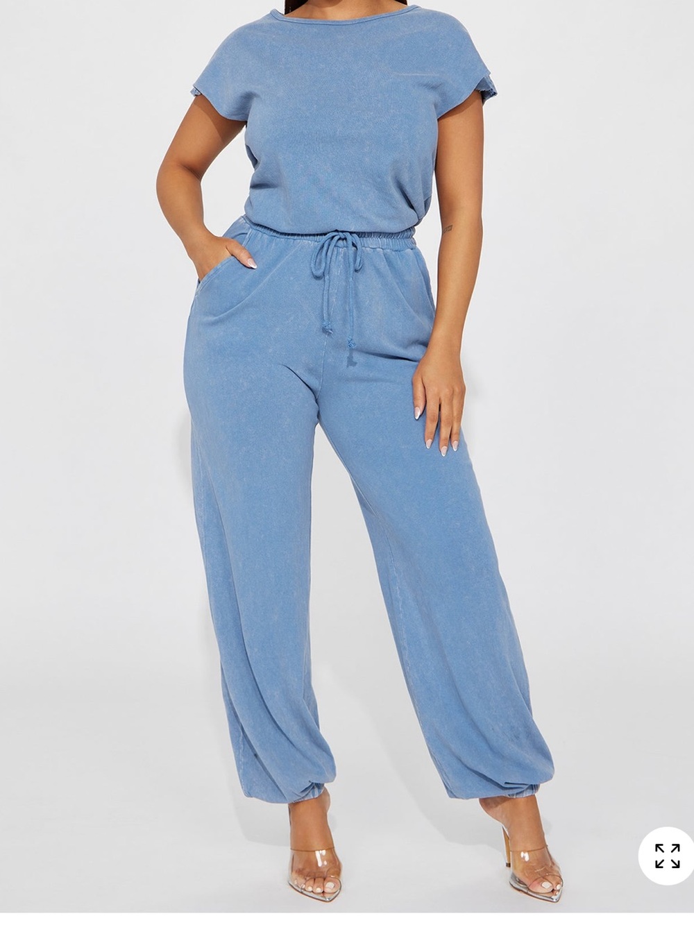 Fashion Nova Dusty Blue Drawstring Wide-Leg Jumpsuit